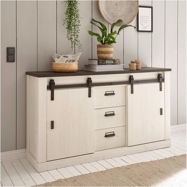 Home affaire Sideboard Sherwood, Kommode im Industrial-Style, Schrank, Stauraumelement, mit Scheunentorbeschlag & Apothekergriffen, in 2 Farben erhältlich