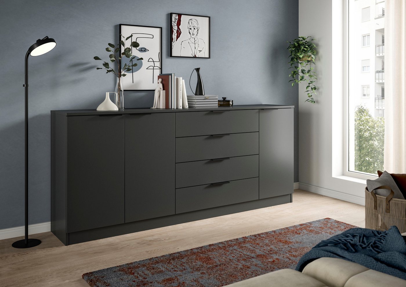 Home affaire Sideboard SKARDE, Breite 185 cm, 4 Schubkästen, 3 Türen, viel Stauraum (in verschiedenen Farben und Breiten erhältlich, individuell einsetzbar), Ko – Bild 2 von 5