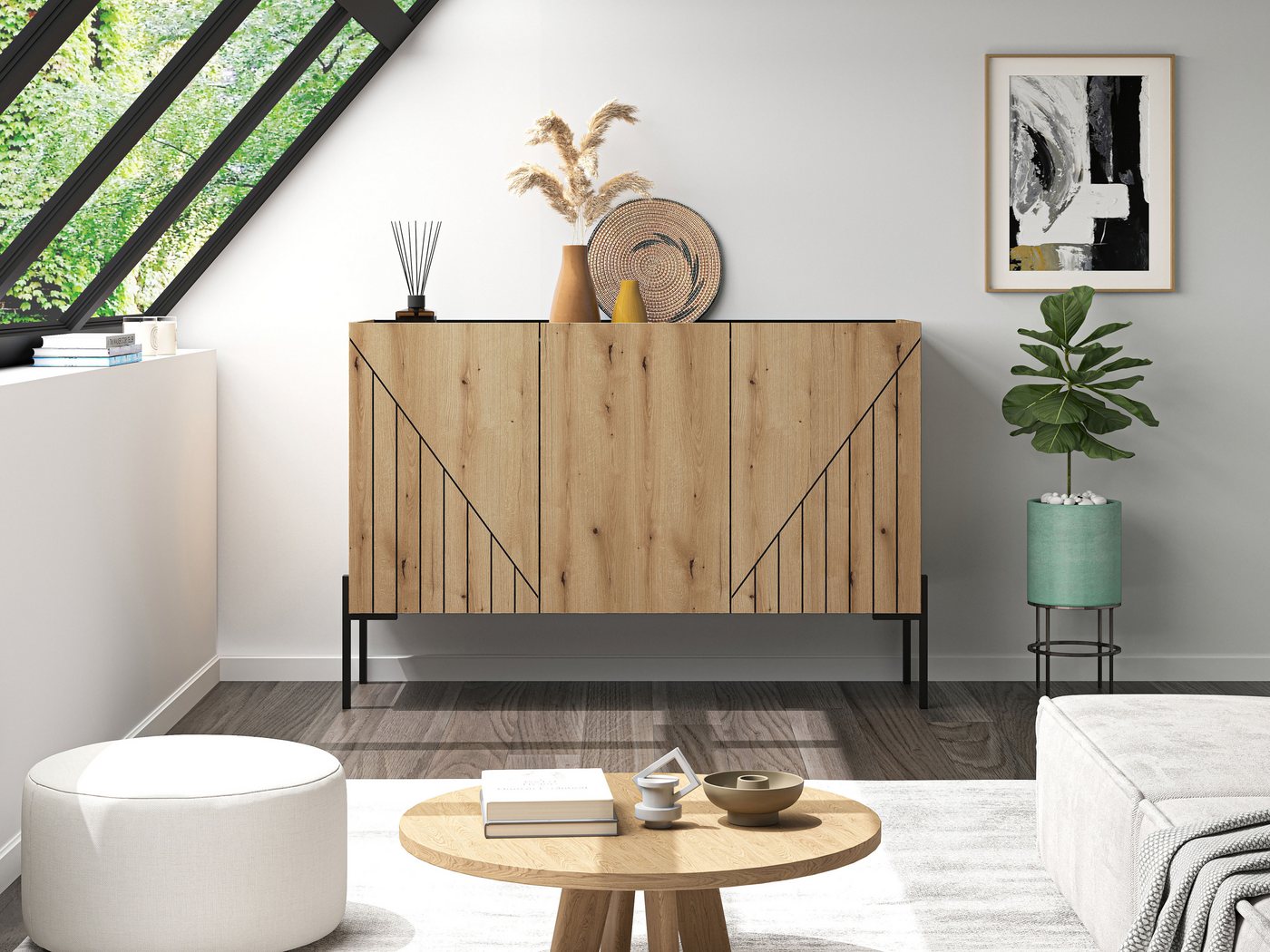 Home affaire Sideboard SNETT, Breite: 122cm, mit Metall-Stabfüßen, 3 Türen, 3 Einlegeböden, Anrichte, Kommode, Schrank, Board, Higboard – Bild 2 von 5