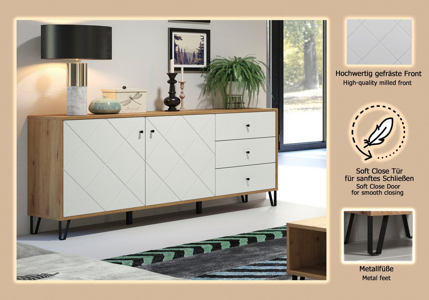 Home affaire Sideboard Tarragona, Sideboard, 2 Türen, 3 Schubkasten & Soft-Close - (B/T/H) 183/40/76 cm – Bild 3 von 5