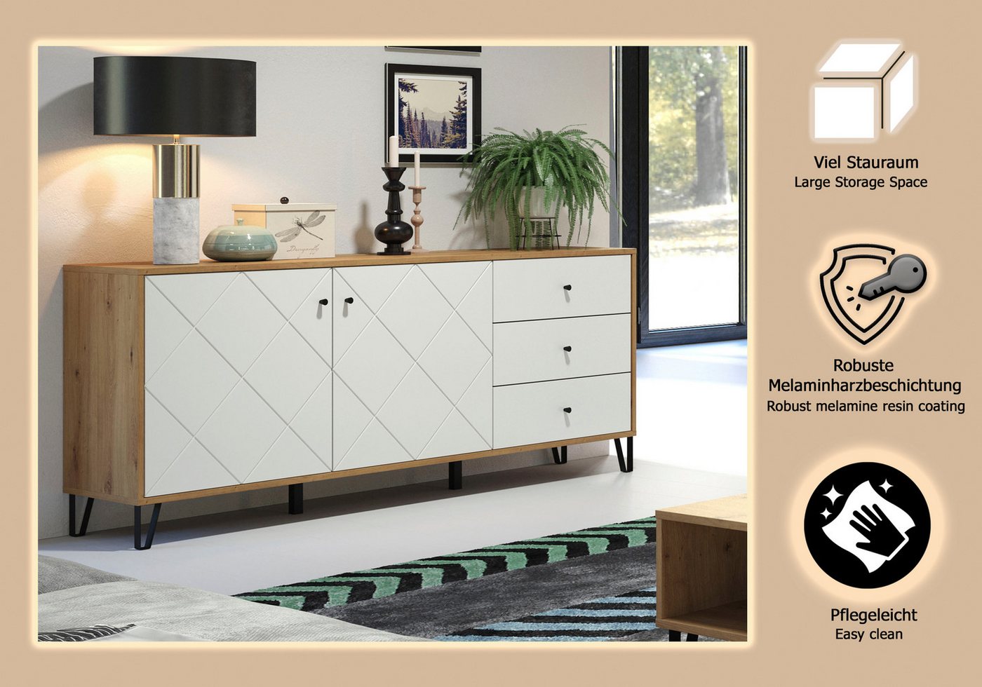 Home affaire Sideboard Tarragona, Sideboard, 2 Türen, 3 Schubkasten & Soft-Close - (B/T/H) 183/40/76 cm – Bild 4 von 5
