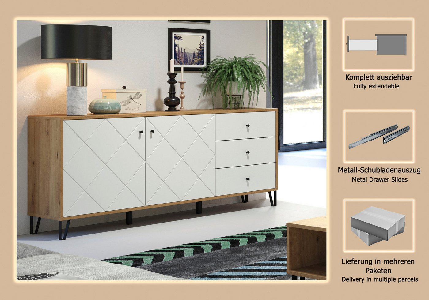 Home affaire Sideboard Tarragona, Sideboard, 2 Türen, 3 Schubkasten & Soft-Close - (B/T/H) 183/40/76 cm – Bild 5 von 5