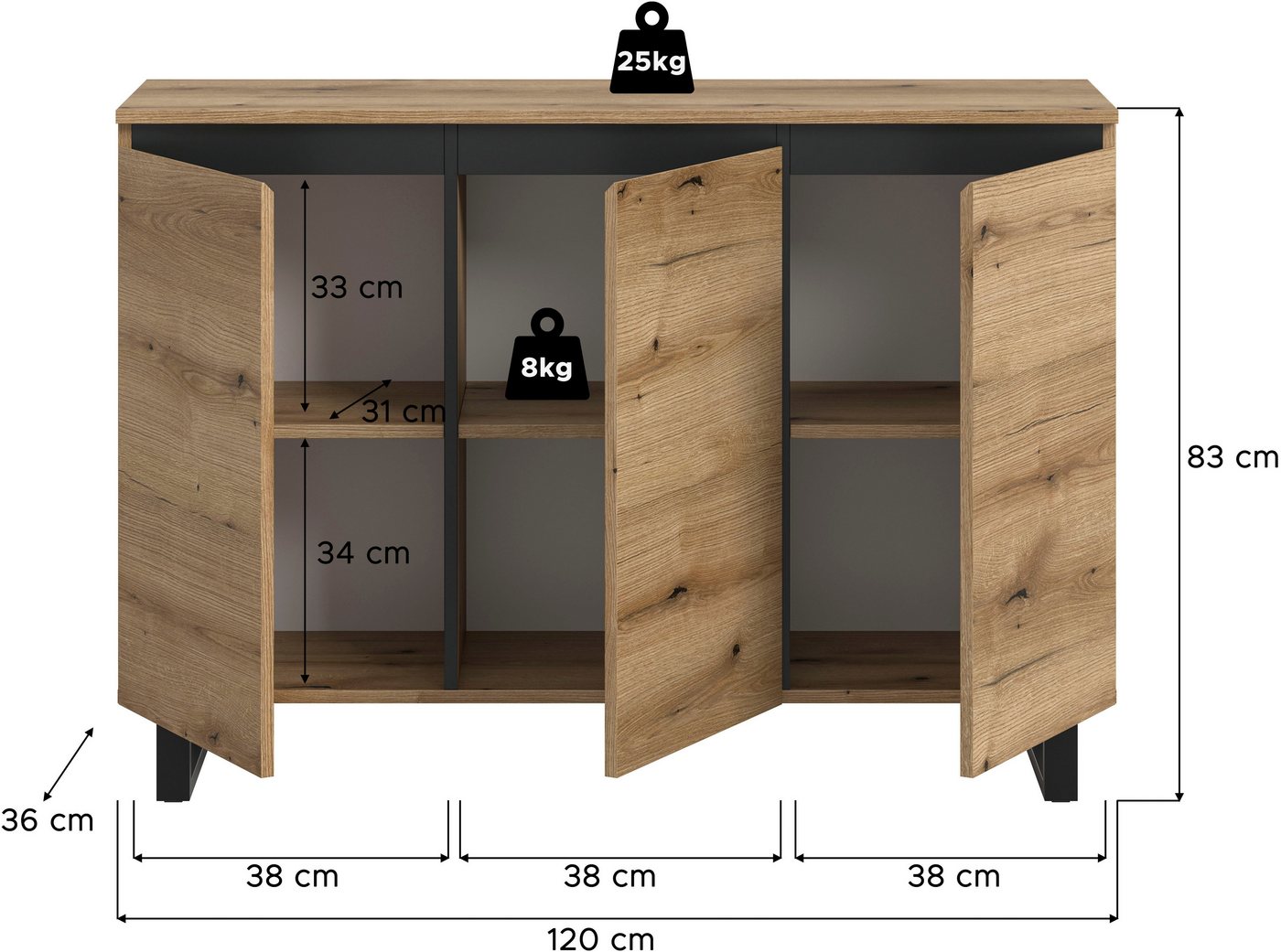 Home affaire Sideboard TOMA, Breite: 120 cm, mit Metall-Kufen-Fuß, 3 Türen, 3 Einlegeböden, Anrichte, Kommode, Schrank, Board, Higboard – Bild 5 von 5