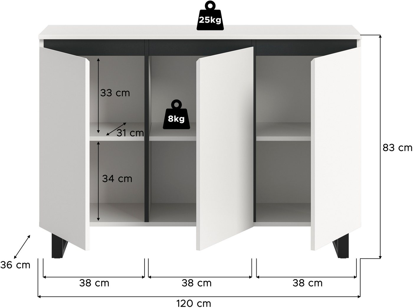 Home affaire Sideboard TOMA, Breite: 120 cm, mit Metall-Kufen-Fuß, 3 Türen, 3 Einlegeböden, Anrichte, Kommode, Schrank, Board, Higboard – Bild 5 von 5