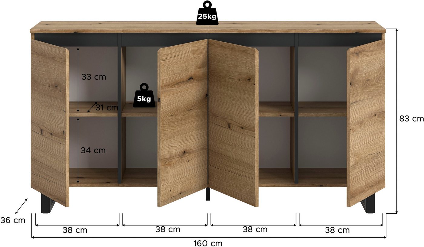 Home affaire Sideboard TOMA, Breite: 160 cm, mit Metall-Kufen-Fuß, 4 Türen, 4 Einlegeböden, Anrichte, Kommode, Schrank, Board, Higboard – Bild 5 von 5
