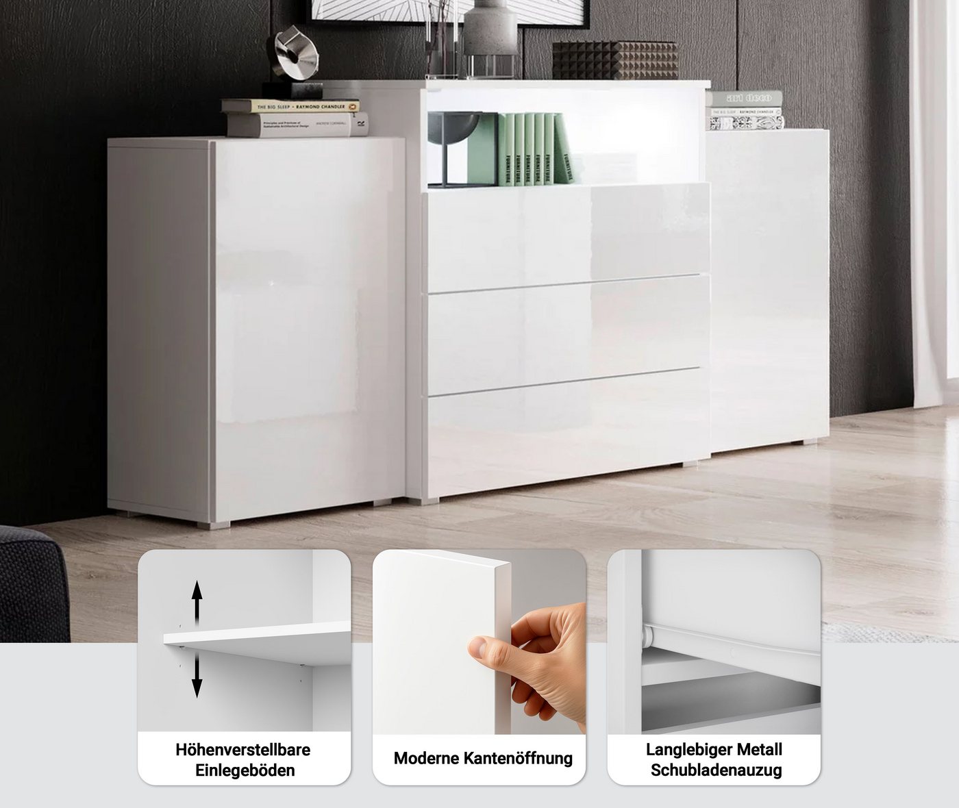 Home affaire Sideboard URBAN III, Moderne Kommode mit 3 Schubladen und 4 Fächern, Breite 150 cm – Bild 3 von 5