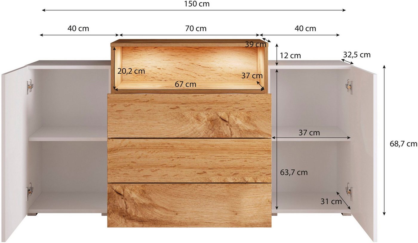 Home affaire Sideboard URBAN III, Moderne Kommode mit 3 Schubladen und 4 Fächern, Breite 150 cm – Bild 5 von 5