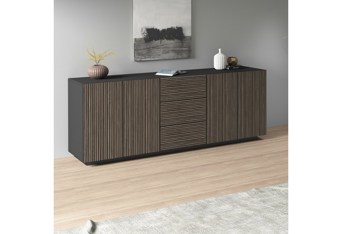 Home affaire Sideboard Vega Sideboard,Kommode,220 cm, mit 4 Türen und 3 Schubladen,Fronten mit Rillen-Optik – Bild 2 von 5