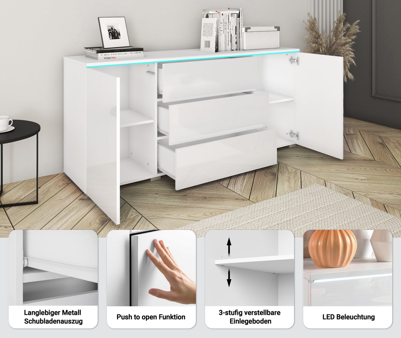 Home affaire Sideboard VERA, grifflos, verstellbare Einlegeböden, Wahlweise mit oder ohne Beleuchtung – Bild 3 von 5