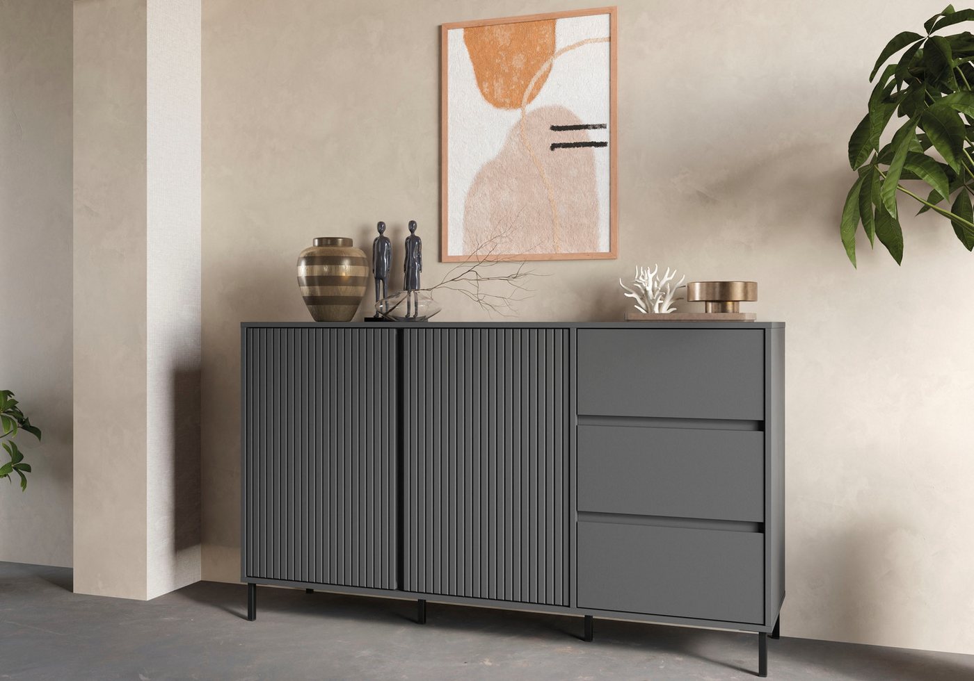Home affaire Sideboard viel Stauraum, Soft Close, 2 Türen und 3 Schubkasten, mit Metallfüßen, Breite 158 cm, grifflos, Fronten geriffelt – Bild 2 von 5