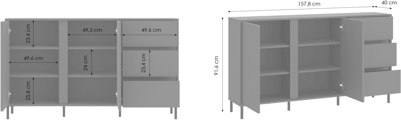 Home affaire Sideboard viel Stauraum, Soft Close, 2 Türen und 3 Schubkasten, mit Metallfüßen, Breite 158 cm, grifflos, Fronten geriffelt – Bild 5 von 5