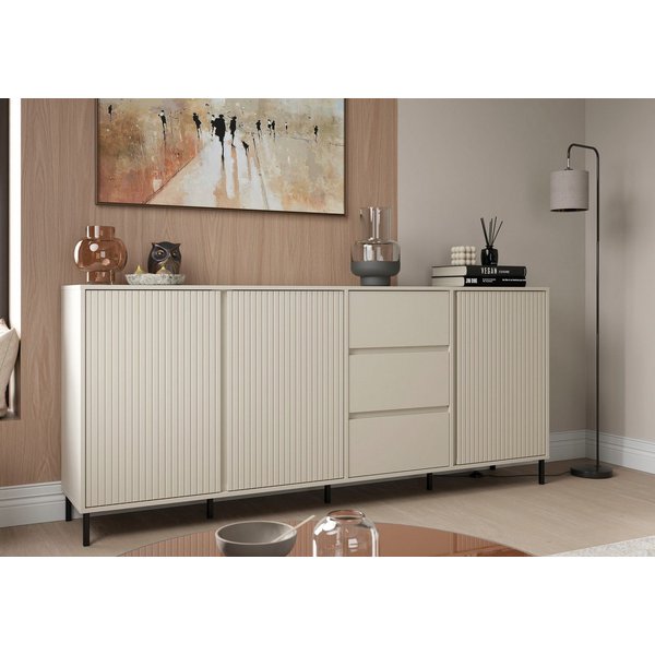 Home affaire Sideboard viel Stauraum, Soft Close, 3 Türen und 3 Schubkasten, mit Metallfüßen, Breite 212 cm, grifflos, Fronten geriffelt
