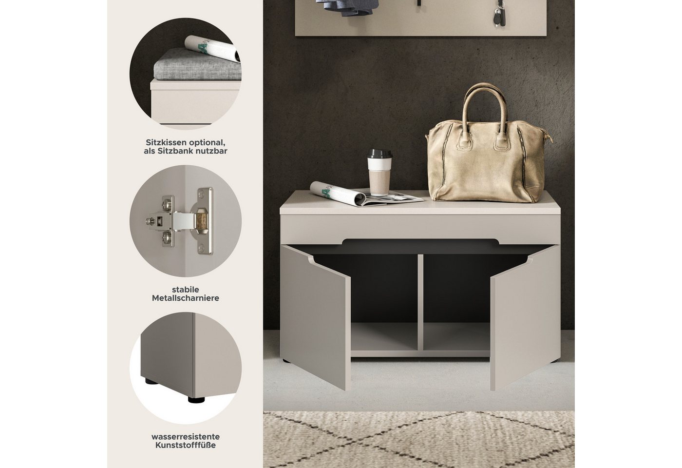 Home affaire Sitzbank REHAT, TOPSELLER!, Breite 80cm, 2 Türen, 2 Fächer (in verschiedenen Farben erhältlich), Garderobenbank, Flurbank, Dielenbank, Bank mit Sta – Bild 3 von 5