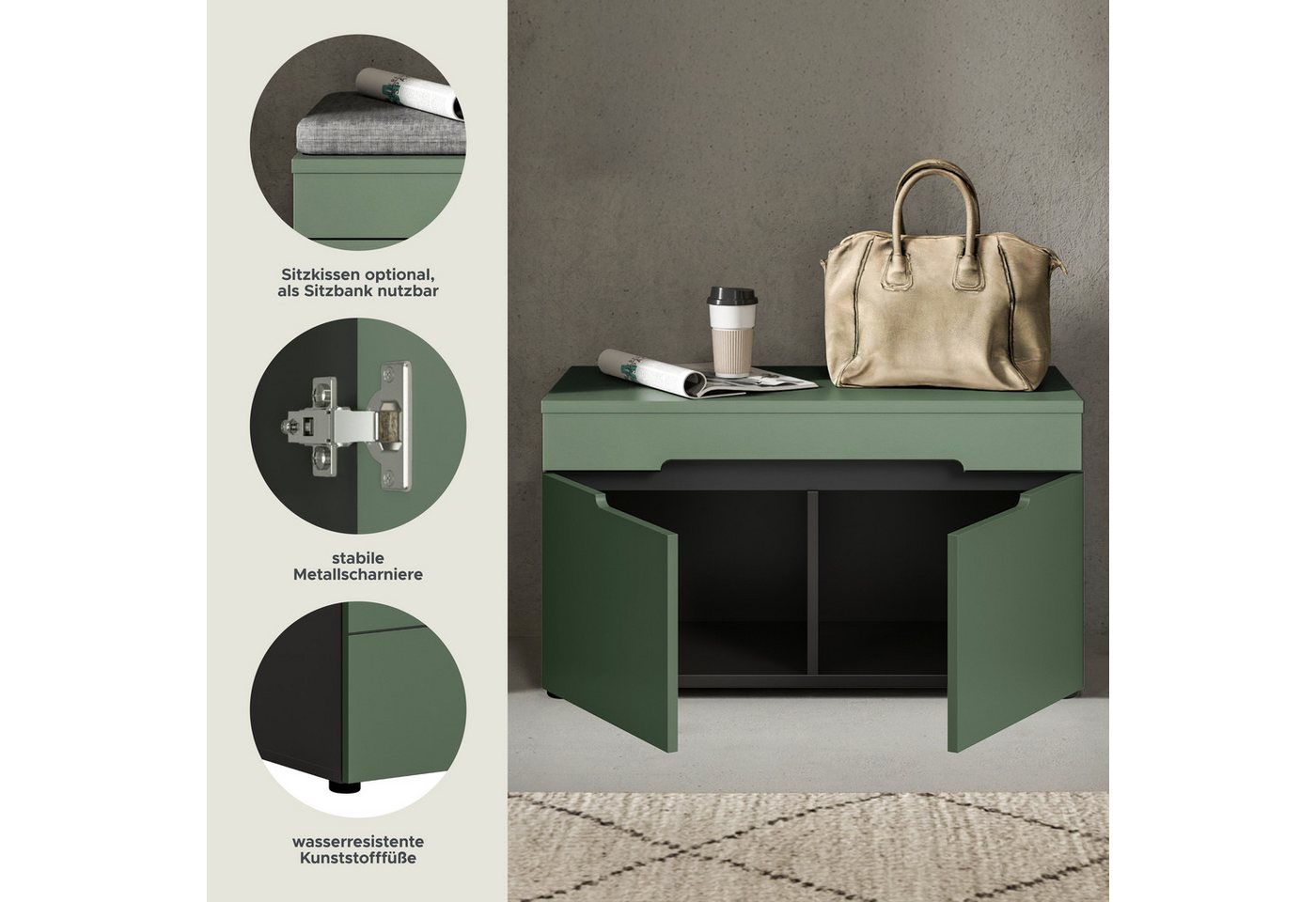 Home affaire Sitzbank REHAT, TOPSELLER!, Breite 80cm, 2 Türen, 2 Fächer (in verschiedenen Farben erhältlich), Garderobenbank, Flurbank, Dielenbank, Bank mit Sta – Bild 3 von 5