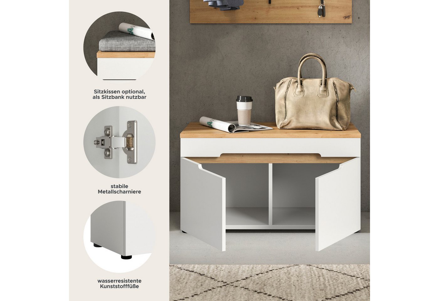 Home affaire Sitzbank REHAT, TOPSELLER!, Breite 80cm, 2 Türen, 2 Fächer (in verschiedenen Farben erhältlich), Garderobenbank, Flurbank, Dielenbank, Bank mit Sta – Bild 3 von 5