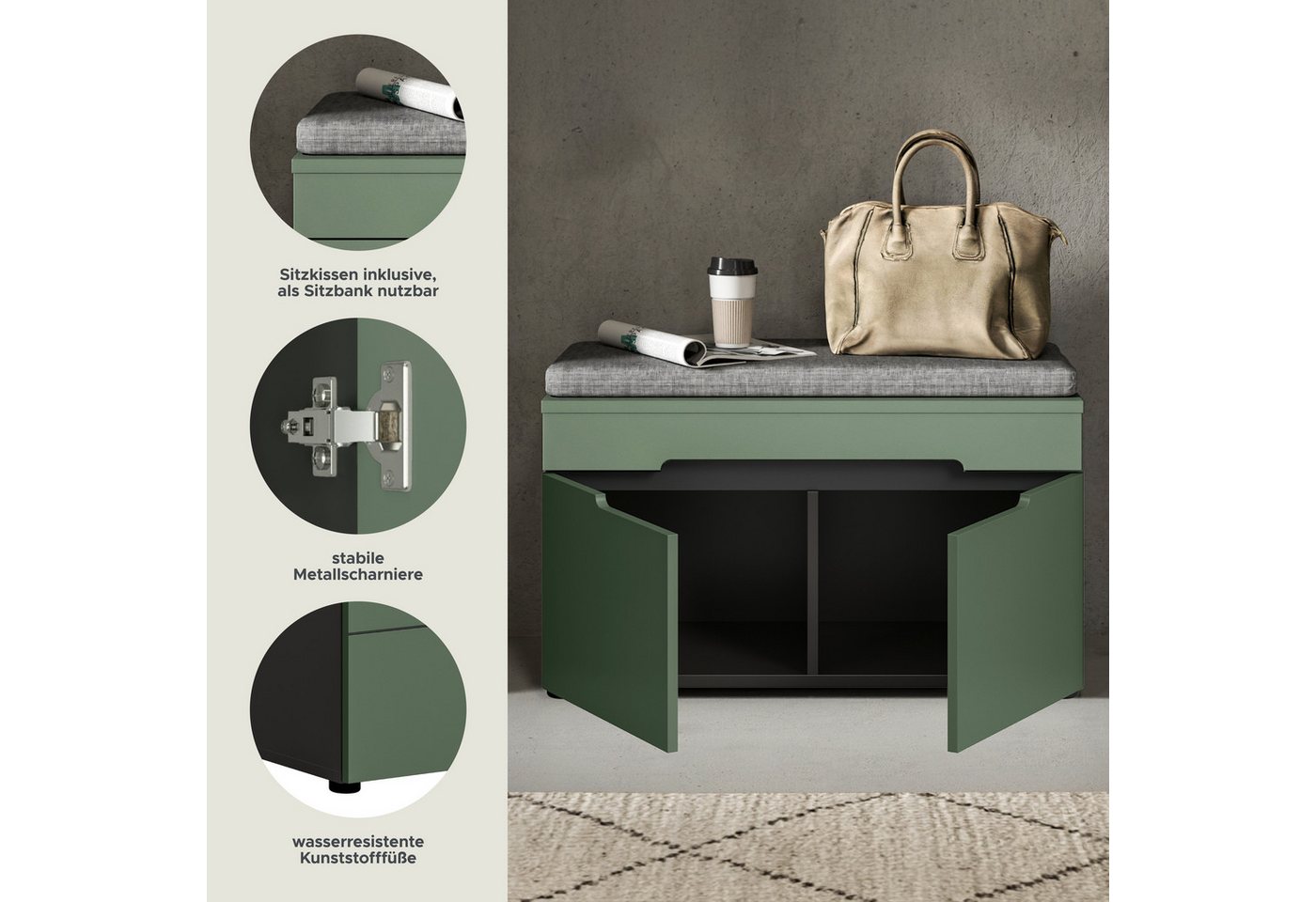 Home affaire Sitzbank REHAT, TOPSELLER!, Breite 80cm, 2 Türen, 2 Fächer inkl. Sitzkissen (2-St., in verschiedenen Farben erhältlich), Garderobenbank, Flurbank,  – Bild 3 von 5