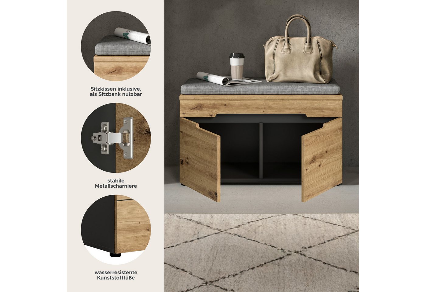 Home affaire Sitzbank REHAT, TOPSELLER!, Breite 80cm, 2 Türen, 2 Fächer inkl. Sitzkissen (2-St., in verschiedenen Farben erhältlich), Garderobenbank, Flurbank,  – Bild 3 von 5