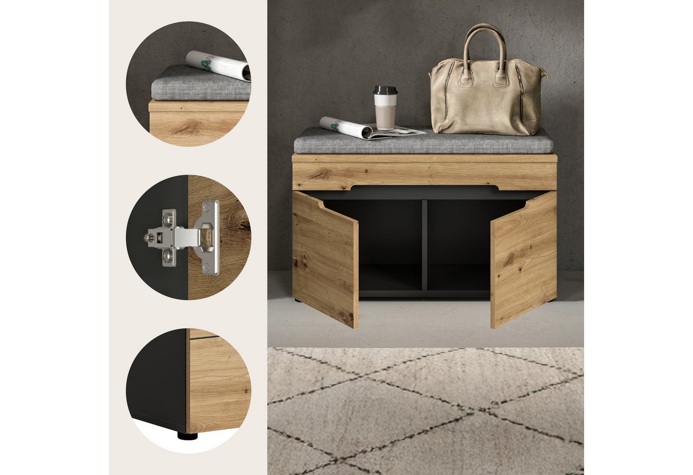 Home affaire Sitzbank REHAT, TOPSELLER!, Breite 80cm, 2 Türen, 2 Fächer inkl. Sitzkissen (2-St., in verschiedenen Farben erhältlich), Garderobenbank, Flurbank,  – Bild 4 von 5