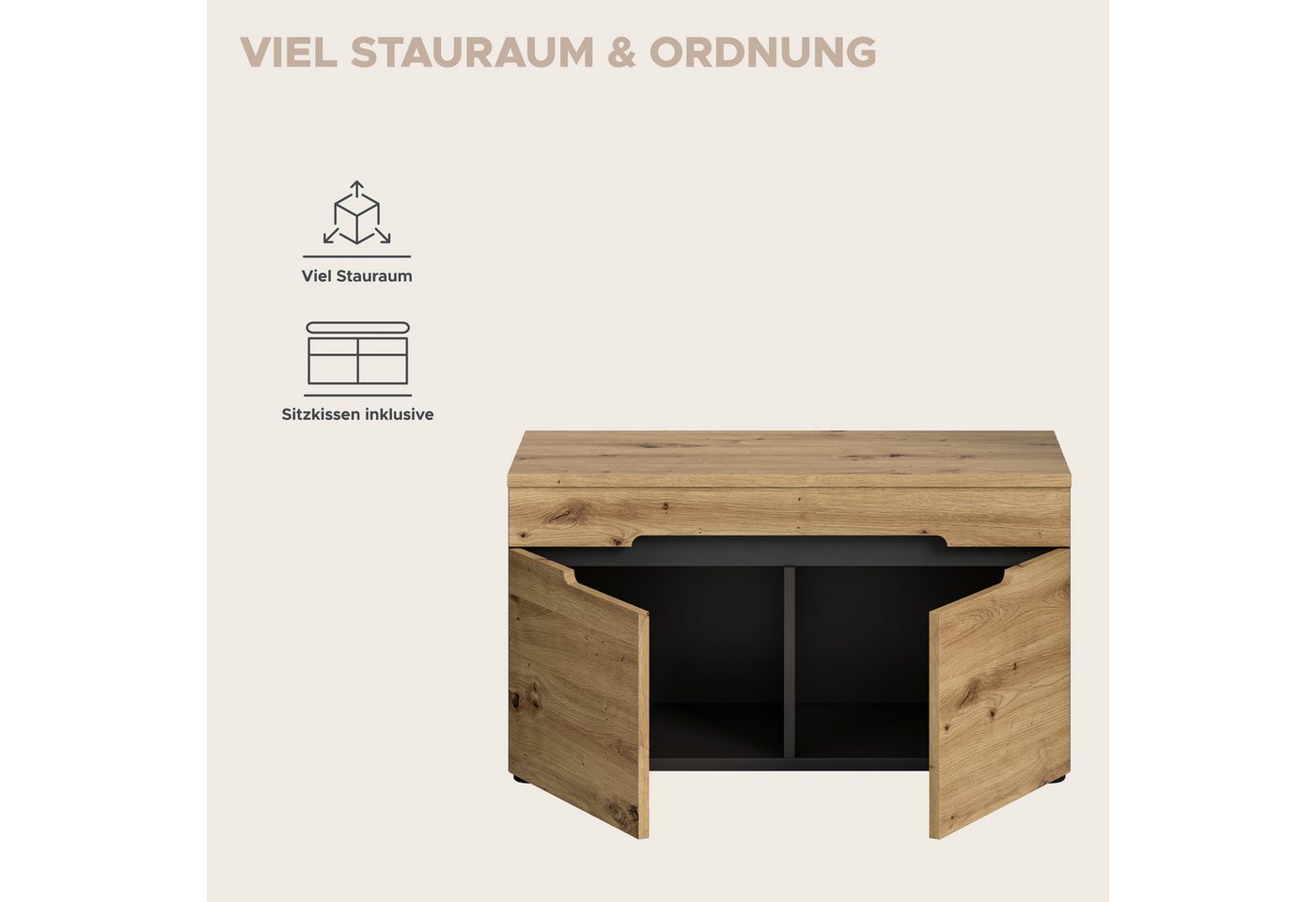 Home affaire Sitzbank REHAT, TOPSELLER!, Breite 80cm, 2 Türen, 2 Fächer inkl. Sitzkissen (2-St., in verschiedenen Farben erhältlich), Garderobenbank, Flurbank,  – Bild 5 von 5