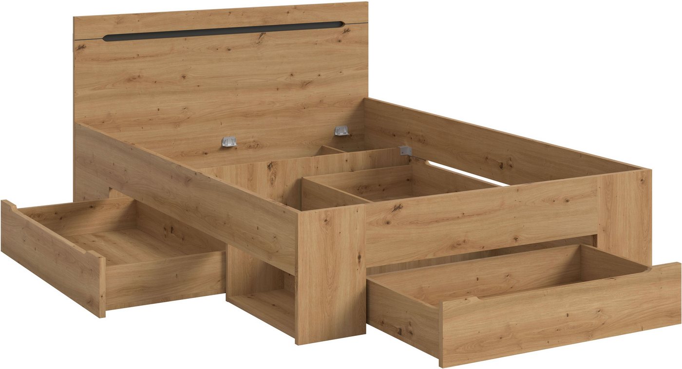 Home affaire Stauraumbett REHAT, in 144 oder 184 cm Breite, 3 Schubkästen, 2 offene Fächer (1-tlg., TOPSELLER!, für Matratzen 140x200 cm, viel Stauraum, ohne La – Bild 4 von 5