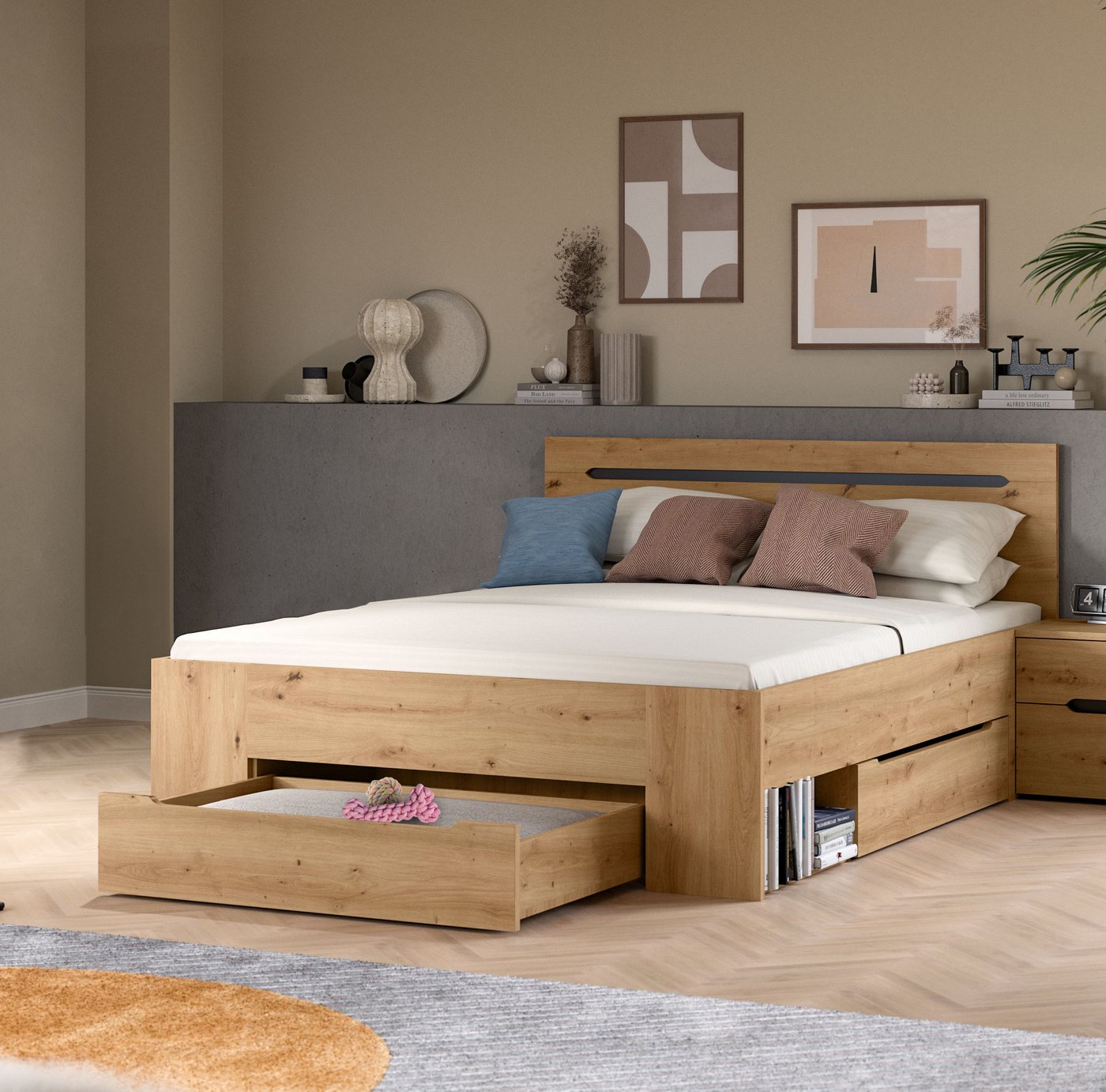 Home affaire Stauraumbett REHAT, in 144 oder 184 cm Breite, 3 Schubkästen, 2 offene Fächer (1-tlg., TOPSELLER!, für Matratzen 140x200 cm, viel Stauraum, ohne La – Bild 5 von 5