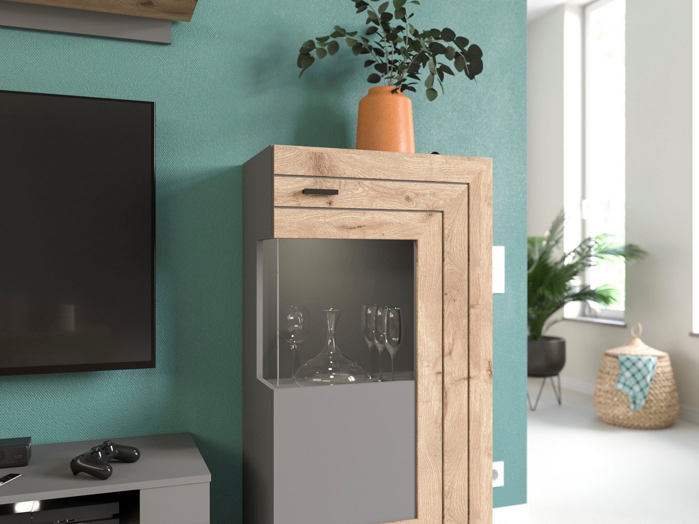 Home affaire Vitrine Aalborg, Höhe 118 cm, 1 Glastür, 2 Fächer, 2-farbig, Metallgriffe Anrichte, Schrank, Kommode, Midischrank, Wohnmöbel, Wohnzimmer – Bild 3 von 5
