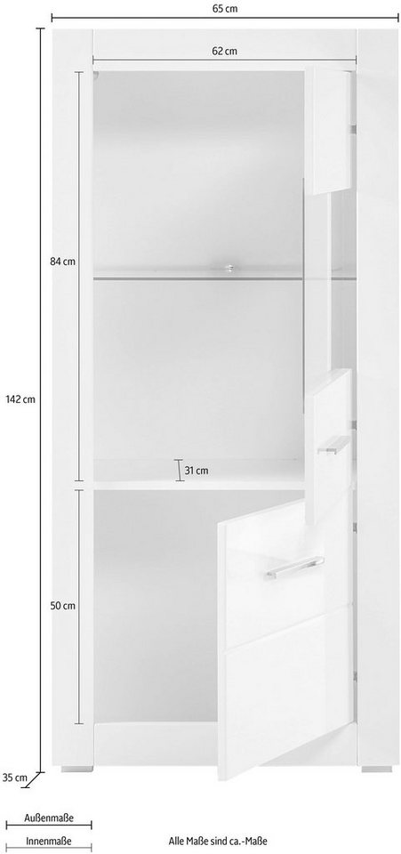 Home affaire Vitrine Bianco, moderne Standvitrine, Vitrinenschrank, Glasvitrine silberne Metallgriffe, ausreichend Stauraum, zeitlos, 142 cm hoch – Bild 4 von 5
