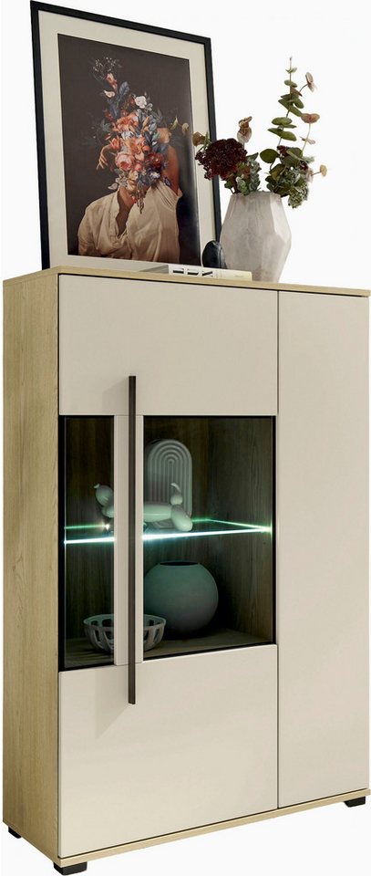 Home affaire Vitrine Cantara, Vitrinenschrank in Eiche Evoke, Weiß o Kaschmir, Standvitrine schwarzer Stangengriff, ausreichend Stauraum, vielseitig einsetzbar – Bild 4 von 5