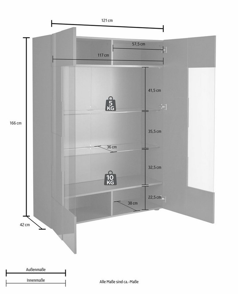 Home affaire Vitrine Dama Höhe 166 cm, Breite 121 cm, Stauraumvitrine mit 2 Türen, Standvitrine - Front in 3D-Optik, viel Stauraum, verschiedene Farben – Bild 5 von 5