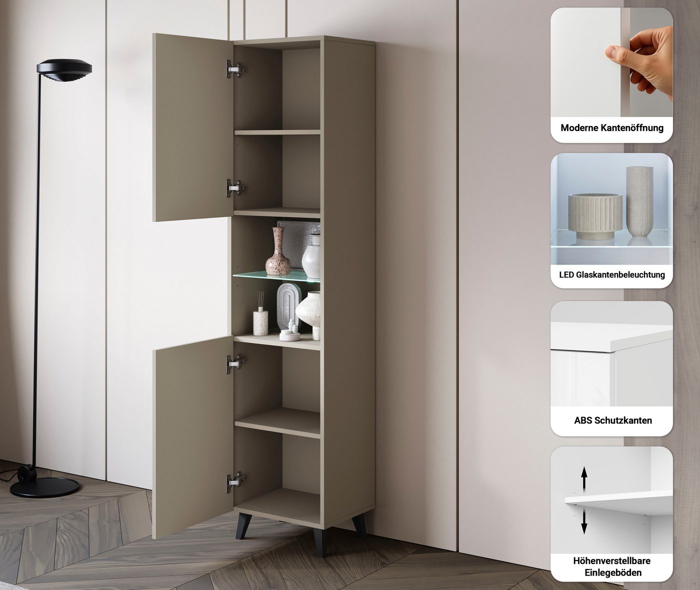 Home affaire Vitrine Phuket, Moderner Wohnschrank mit LED-Beleuchtung und Glasboden (1-St) Verstellbare Einlegeböden für flexible Aufbewahrung – Bild 3 von 5