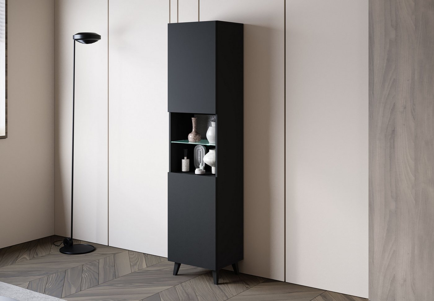 Home affaire Vitrine Phuket, Moderner Wohnschrank mit LED-Beleuchtung und Glasboden (1-St) Verstellbare Einlegeböden für flexible Aufbewahrung – Bild 4 von 5