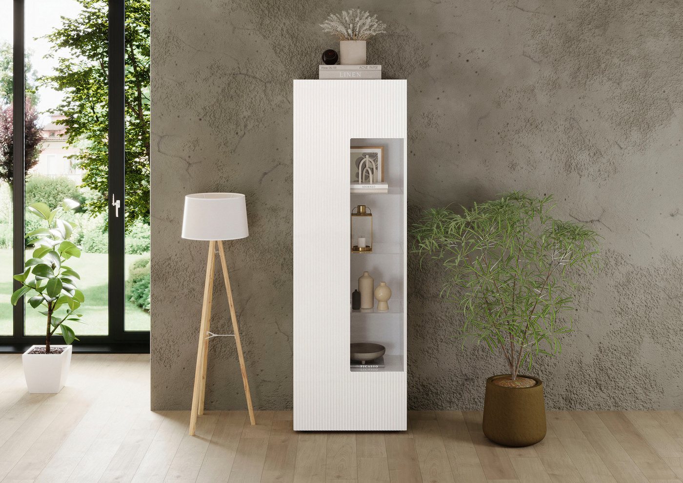 Home affaire Vitrine RIO, Höhe 187 cm, Hochschrank mit 1 Tür, Anrichte, Standvitrine Vitrinenschrank, geriffelte MDF-Front, modern, elegant, geräumig – Bild 2 von 5