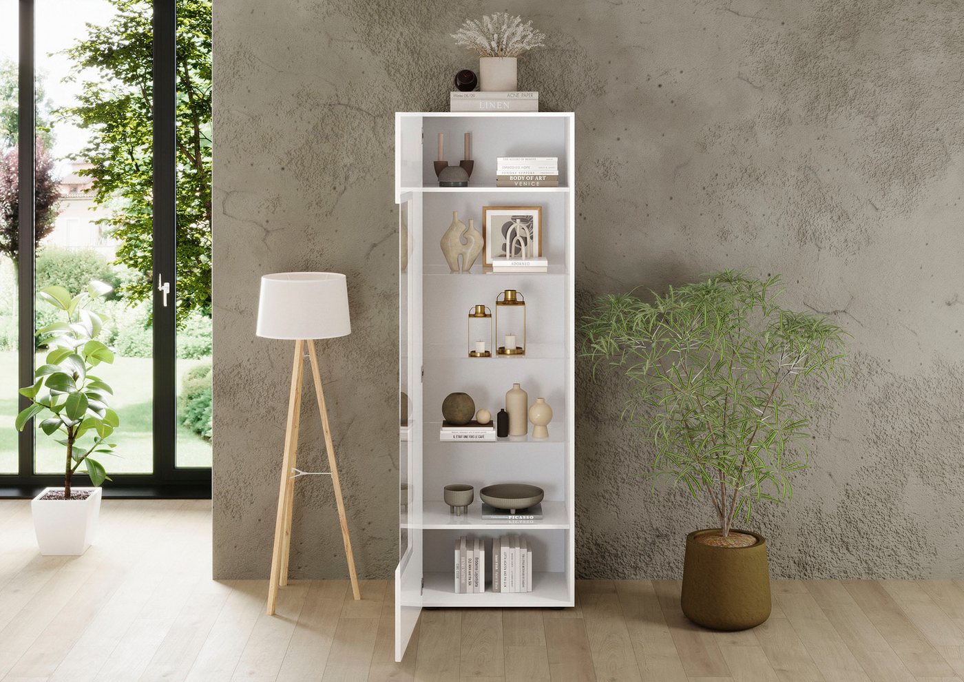 Home affaire Vitrine RIO, Höhe 187 cm, Hochschrank mit 1 Tür, Anrichte, Standvitrine Vitrinenschrank, geriffelte MDF-Front, modern, elegant, geräumig – Bild 5 von 5