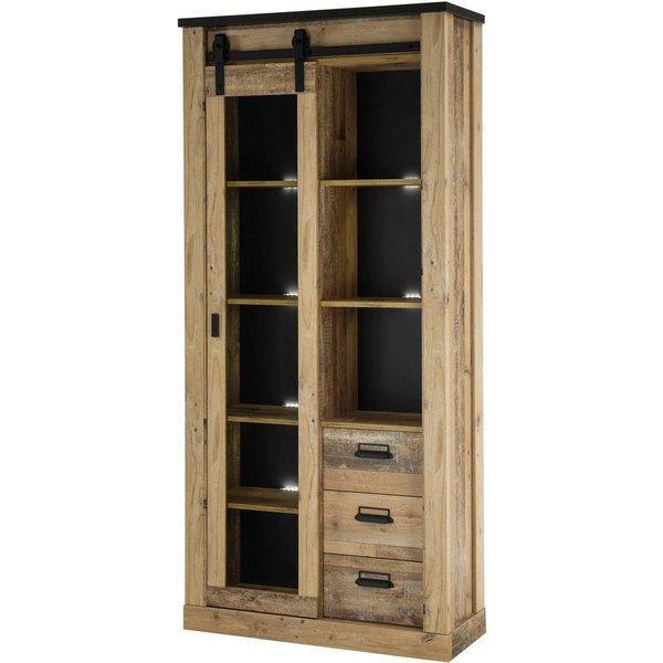 Home affaire Vitrine Sherwood, Hochschrank im Industrial-Style, moderne Glasvitrine Scheunentorbeschlag und Apothekergriffe aus Metall, Höhe 201 cm