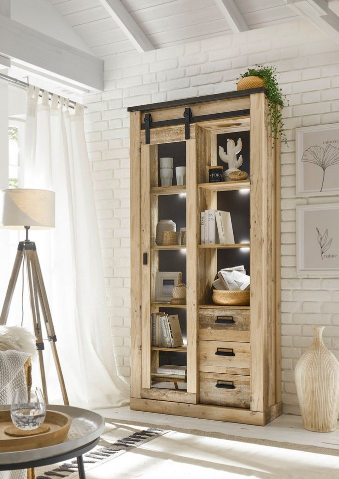 Home affaire Vitrine Sherwood, Hochschrank im Industrial-Style, moderne Glasvitrine Scheunentorbeschlag und Apothekergriffe aus Metall, Höhe 201 cm – Bild 2 von 5
