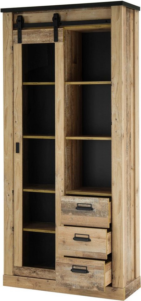 Home affaire Vitrine Sherwood, Hochschrank im Industrial-Style, moderne Glasvitrine Scheunentorbeschlag und Apothekergriffe aus Metall, Höhe 201 cm – Bild 5 von 5