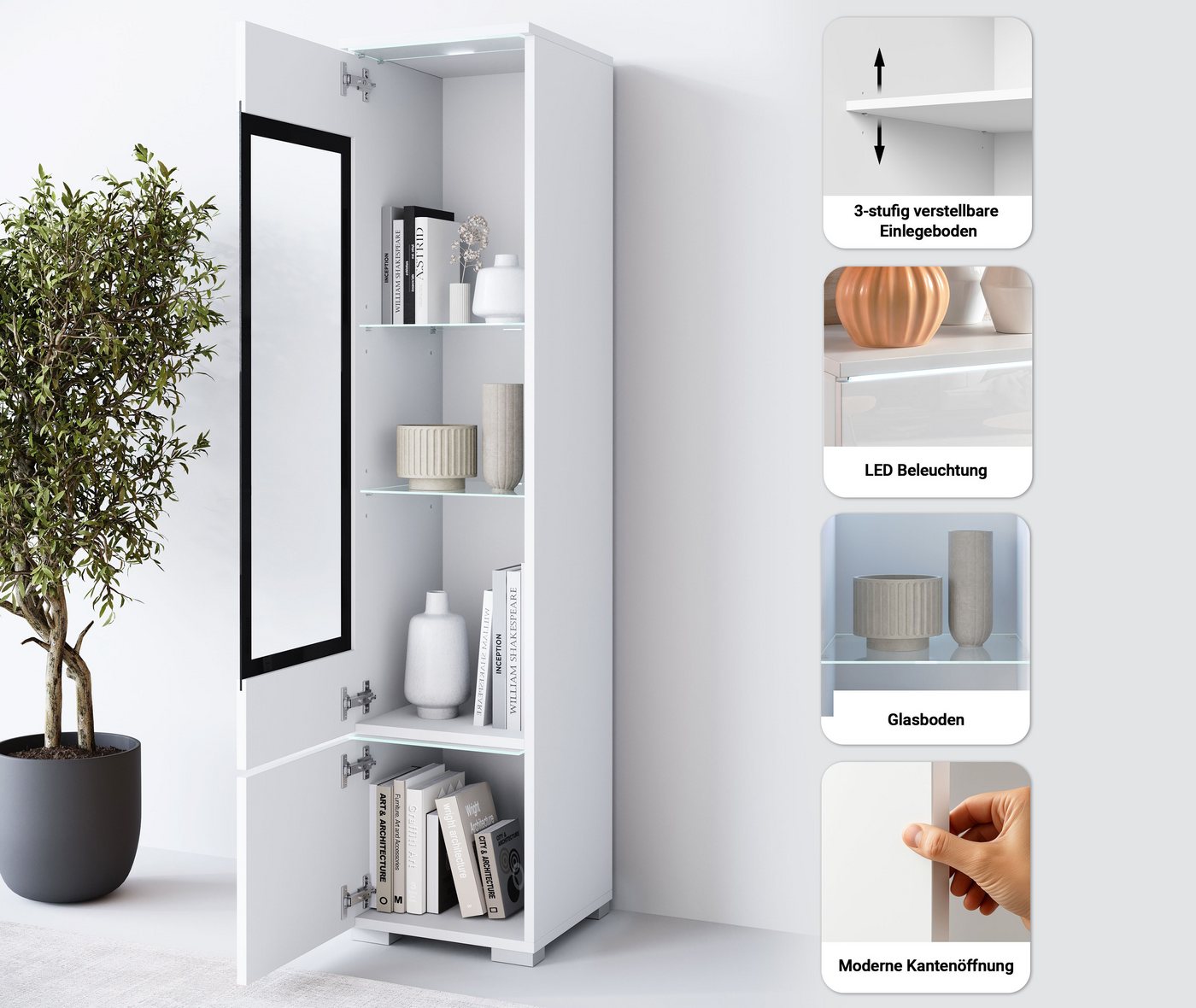 Home affaire Vitrine Vera, Glasvitrine, Höhe 130 cm, in verschiedenen Farbausführungen (1-St) LED-Beleuchtung, Türanschlag frei wählbar, stehend/hängend – Bild 5 von 5