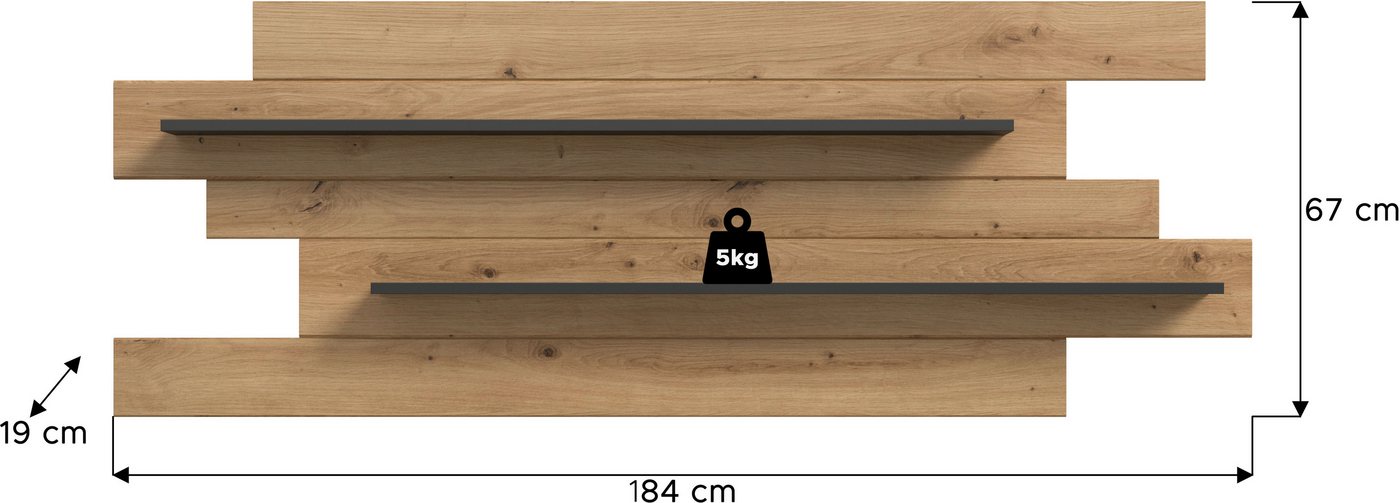 Home affaire Wandboard REHAT, Breite 180 cm, inkl. 2 Ablageböden, 1-tlg., Wandregal, Wandpaneel, Regal, Paneel, Ablageboard – Bild 5 von 5