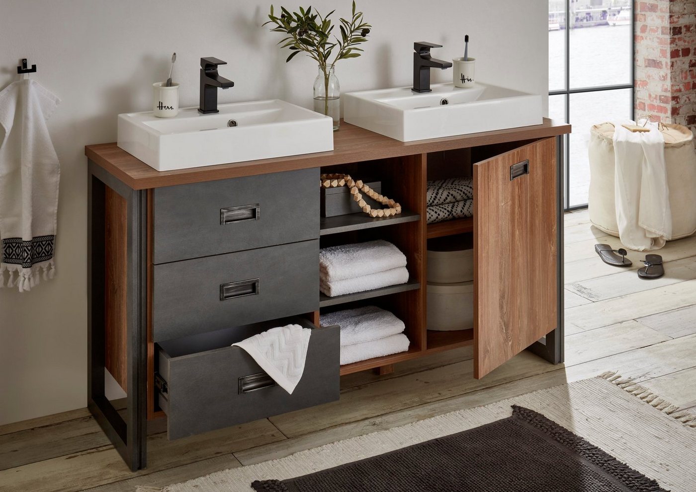 Home affaire Waschtisch Detroit, Unterschrank mit Apothekergriff, Badschrank, Industrialdesign – Bild 4 von 5