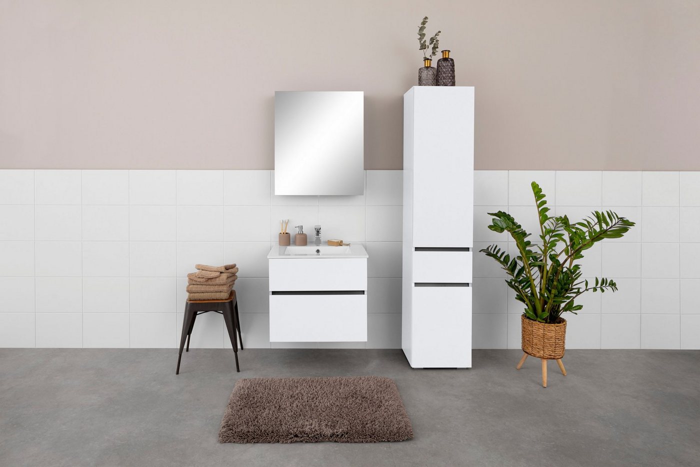 Home affaire Waschtisch Wisla, Waschplatz, Badezimmerschrank (Set, 2-St., Waschtisch mit Waschbecken), Badmöbel für Wandmontage mit Klappe, Schublade und Kerami – Bild 3 von 5
