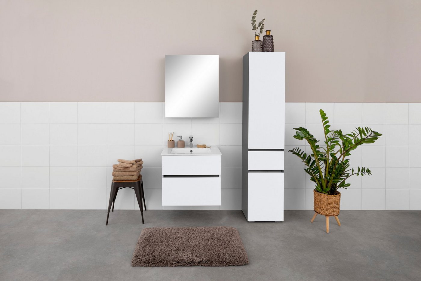 Home affaire Waschtisch Wisla, Waschplatz, Badezimmerschrank (Set, 2-St., Waschtisch mit Waschbecken), Badmöbel für Wandmontage mit Klappe, Schublade und Kerami – Bild 3 von 5