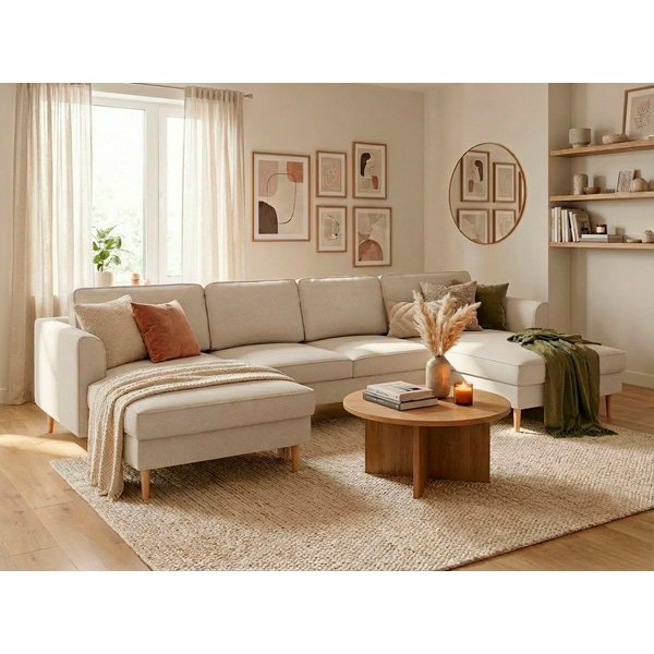 Home affaire Wohnlandschaft Booster, whlw. mit Schlaffunktion & Bettkasten, Fuß Buche lackiert, Sofa in U-Form, Breite 305 cm, in Cord oder Struktur