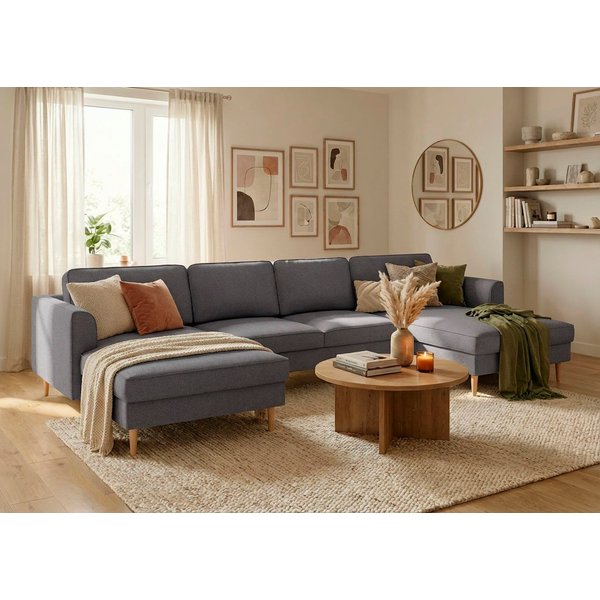 Home affaire Wohnlandschaft Booster, whlw. mit Schlaffunktion & Bettkasten, Fuß Buche lackiert, Sofa in U-Form, Breite 305 cm, in Cord oder Struktur