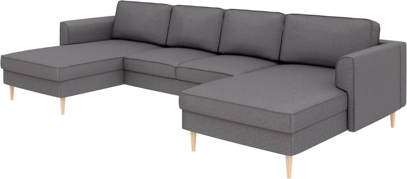 Home affaire Wohnlandschaft Booster, whlw. mit Schlaffunktion & Bettkasten, Fuß Buche lackiert, Sofa in U-Form, Breite 305 cm, in Cord oder Struktur – Bild 4 von 5