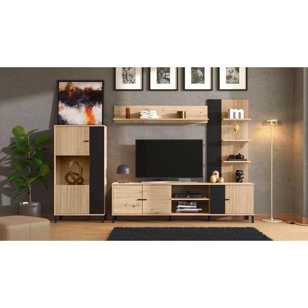 Home affaire Wohnwand Avignon, mit Lamellen Elementen in Eiche mit schwarzen Komponenten, (Komplett-Set, 4-St), Highboard, TV-Board, Standregal und Wandregal, 2
