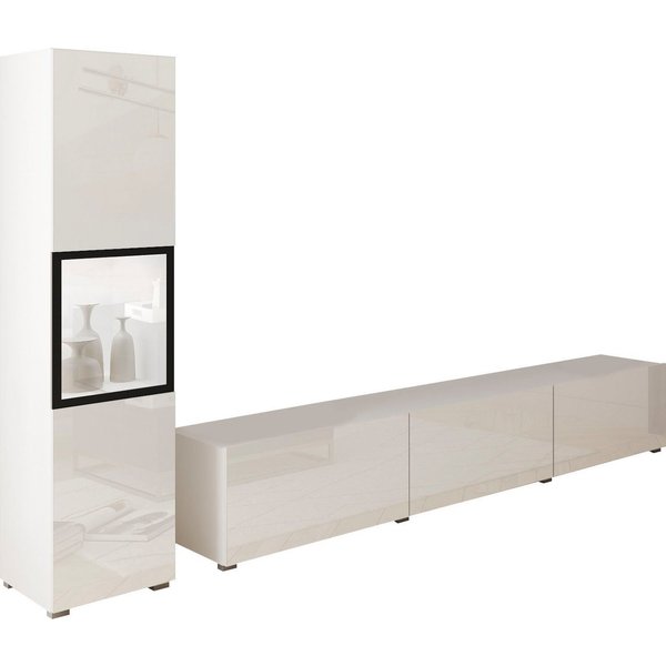 Home affaire Wohnwand BERLIN I, Vitrine Türschlag links/rechts wechselbar, (Komplett-Set, 2-St), moderne grifflose Mediawand Breite 220 cm, Vitrine mit Verglasu