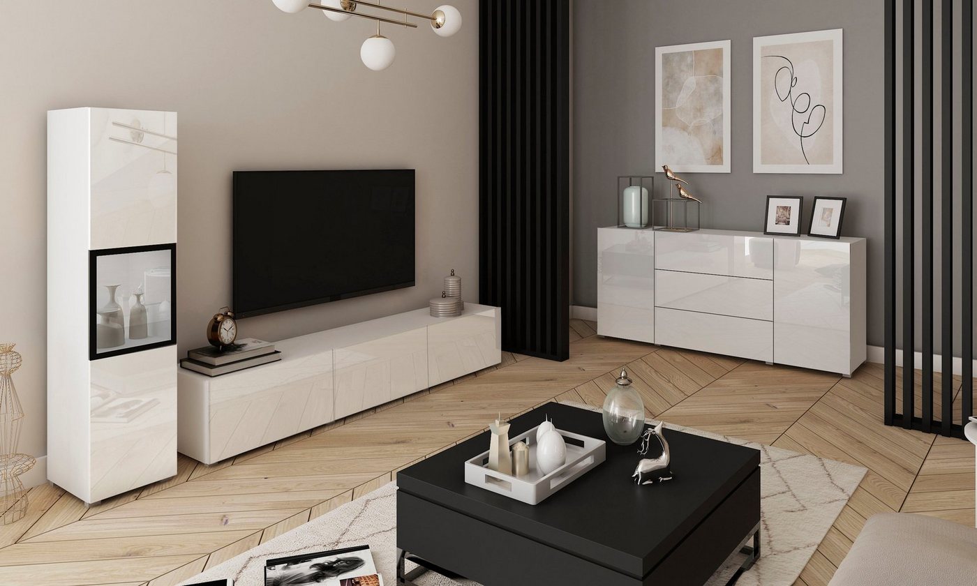 Home affaire Wohnwand BERLIN I, Vitrine Türschlag links/rechts wechselbar, (Komplett-Set, 2-St), moderne grifflose Mediawand Breite 220 cm, Vitrine mit Verglasu – Bild 2 von 5