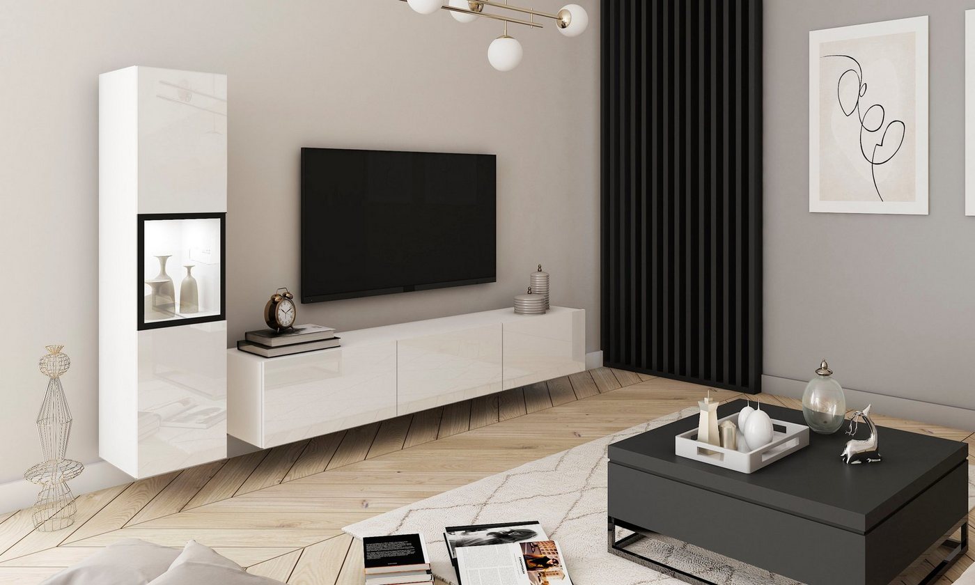 Home affaire Wohnwand BERLIN I, Vitrine Türschlag links/rechts wechselbar, (Komplett-Set, 2-St), moderne grifflose Mediawand Breite 220 cm, Vitrine mit Verglasu – Bild 3 von 5