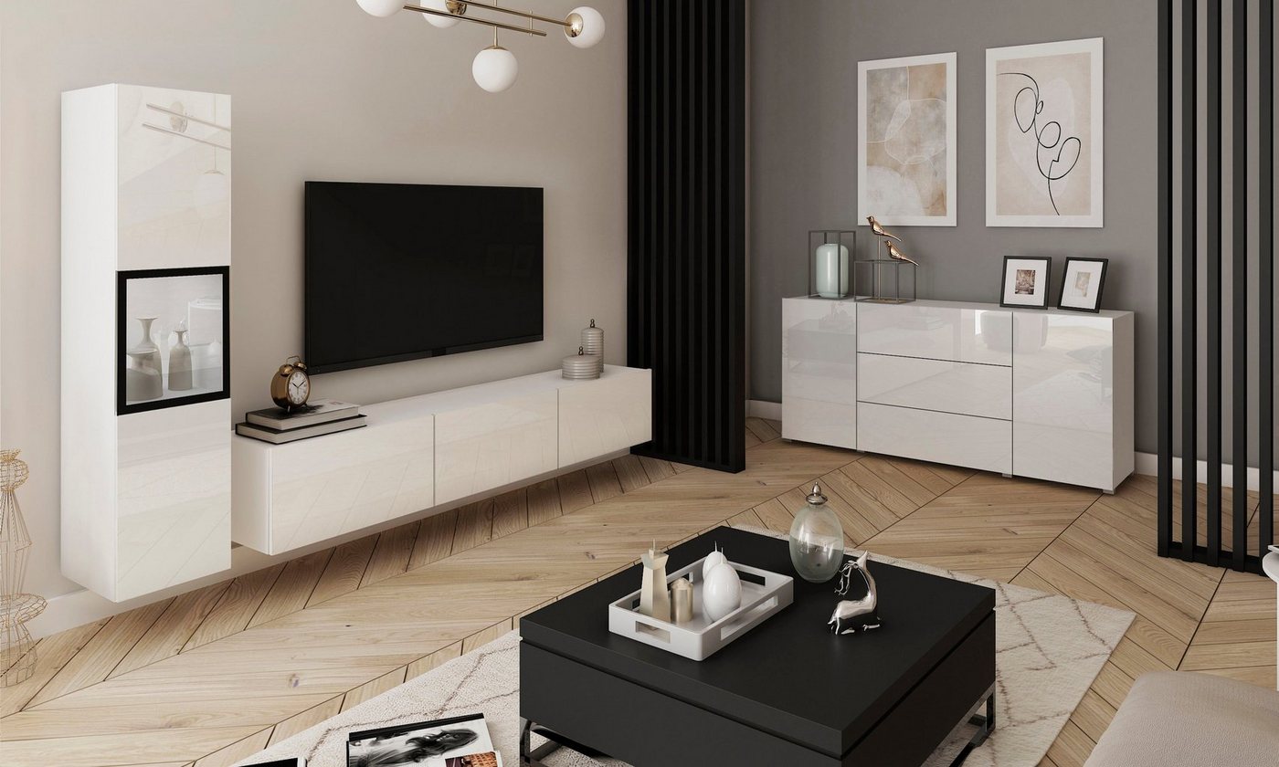Home affaire Wohnwand BERLIN I, Vitrine Türschlag links/rechts wechselbar, (Komplett-Set, 2-St), moderne grifflose Mediawand Breite 220 cm, Vitrine mit Verglasu – Bild 4 von 5