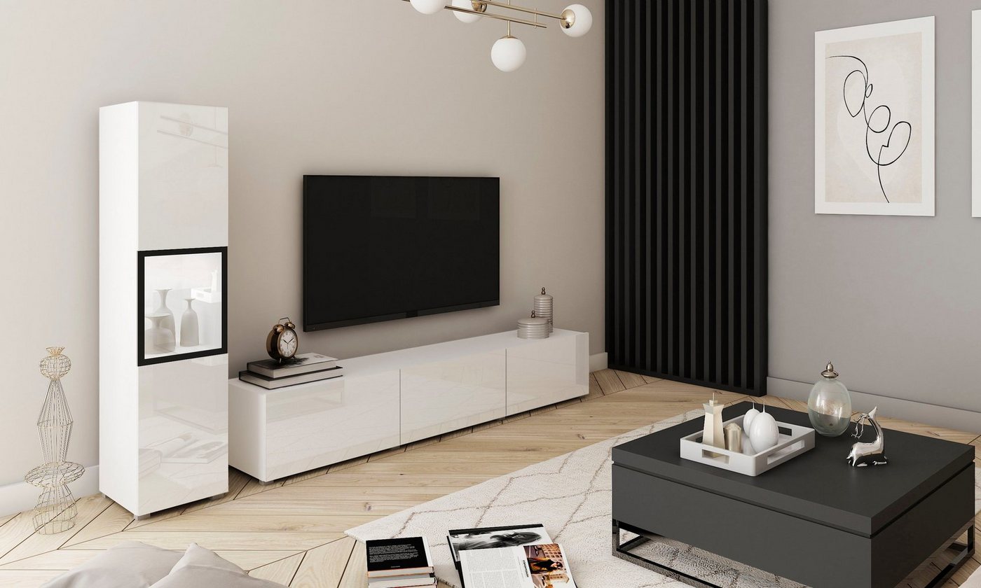 Home affaire Wohnwand BERLIN I, Vitrine Türschlag links/rechts wechselbar, (Komplett-Set, 2-St), moderne grifflose Mediawand Breite 220 cm, Vitrine mit Verglasu – Bild 5 von 5